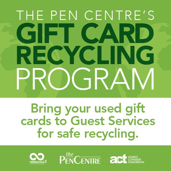 thepencentre's tweet photo. Bring your used gift cards from all Pen Centre retailers to Guest Services for safe recycling in our Zero Waste Box #reduce #reuse #recycle #pencentre #zerowastebox https://t.co/6ZgJtvd9at