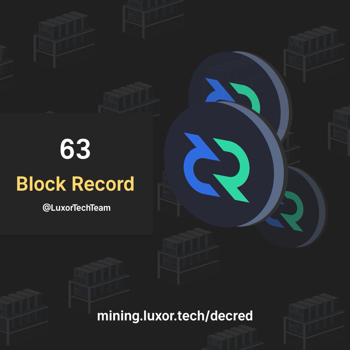 Thanks to our low 1% promo fee, we had a record day of 63 Blocks mining Decred! If this #DCR tweet gets 50 RTs, we'll be dropping the fee down to 0% - just in time for the next batch of <a href="/HalongMining/">Halong Mining</a> and <a href="/Inno_Miner/">Innosilicon Miner</a> B29 and D9 miners! $DCR #cryptocurrency
