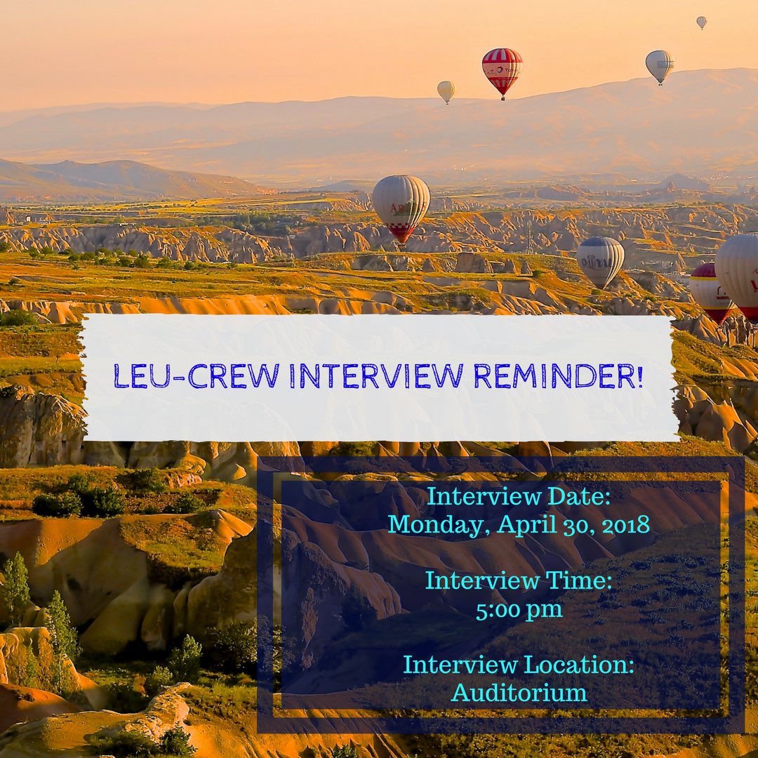 LeuCrewTweets's tweet photo. Leu-Crew Interviews are after school tomorrow in the Auditorium. Reminders have gone out via CV gmail. If you got the hot air balloon, your interview is scheduled for 5:00 pm! See you then. 💙 https://t.co/daVY08lsfm