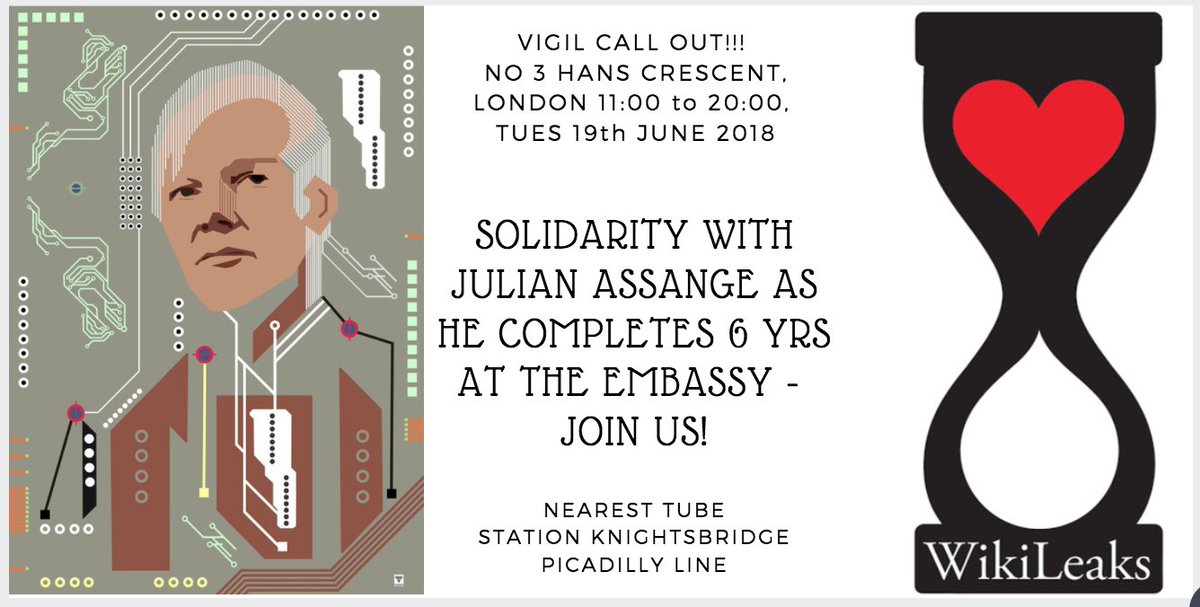 greekemmy's tweet photo. On The 19th of June 2018 between 11am and 8pm we will hold a solidarity Vigil outside the Ecuadorian Embassy in London to mark Julian #Assange's 6 Yrs since he sought political asylum. #FreeSpeech #FreePress #ReconnectJulian #WikiLeaks - Join us! #6Yrs2Long https://t.co/zRBTN4KDSY