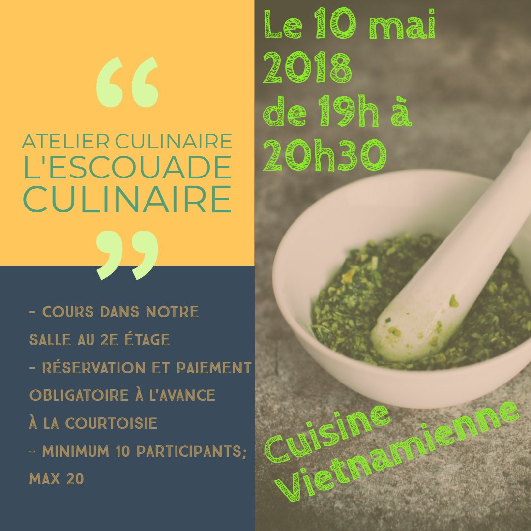 marchecrevier's tweet photo. Vous avez rendez-vous avec @escouade_culinaire pour un cours de cuisine Vietnamienne !!! Salade croquante, sandwich "Banh mi" au poulet et saumon vietnamien n'auront plus de secret pour vous! Inscrivez-vous dès maintenant! Bienvenue à tous! #mieuxmanger #vietnamien https://t.co/KfVocyd1FZ