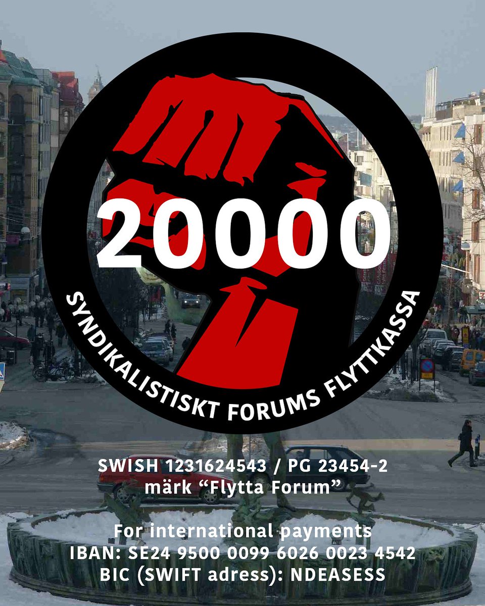 Insamlingen har nått 2/3 av målet, och vi är helt förstummade av tacksamhet. Ni är alla 100% forumhjältar.

För mer information: syndikalistisktforum.se/2012-2018-ovre… (now with english translation) / facebook.com/syndikalistisk…