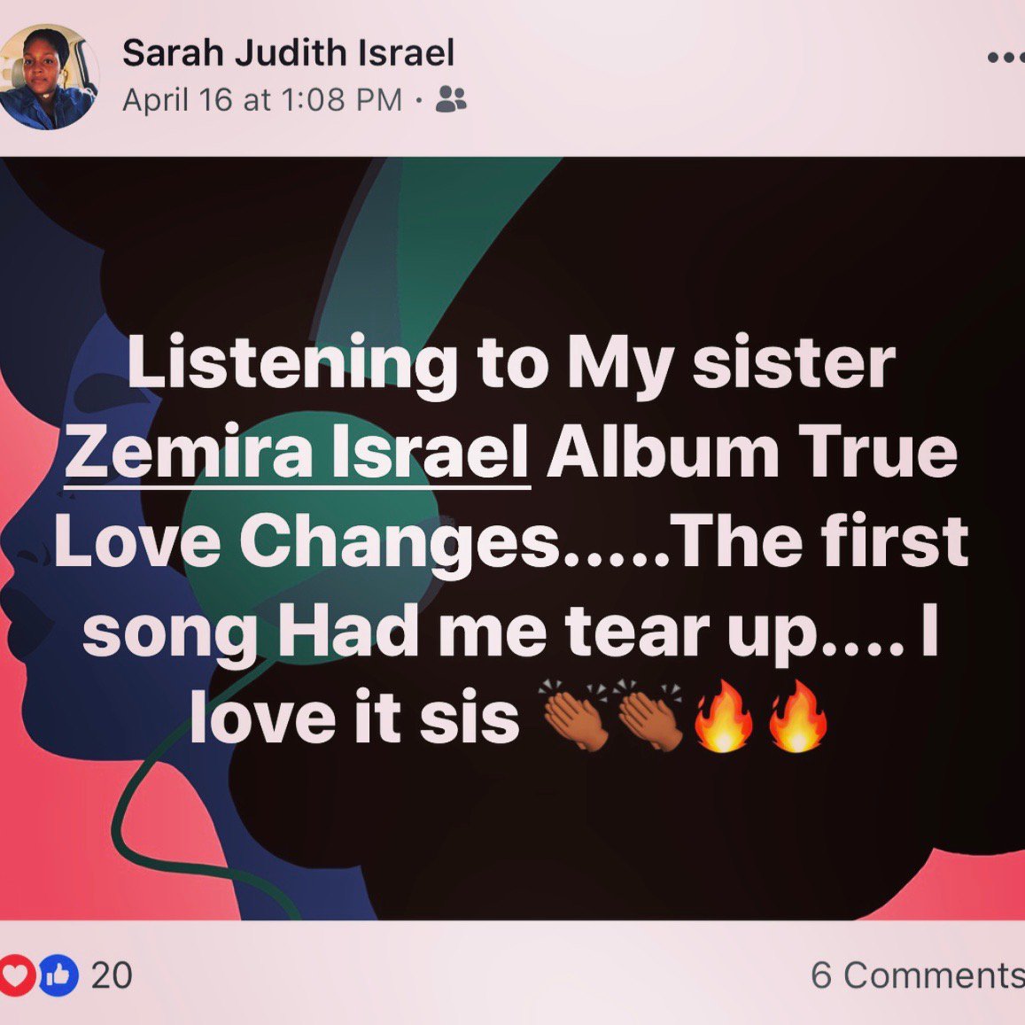ZemiraMusic's tweet photo. I wish I was there to wipe my sisters tears π π©πππΎππ I love you Princess Sarah! Thanks to your lordβs household from the house of Bez π
MHNCBU AND YOUR ENDEAVORS
#1000CdsSOLDGOAL #BillboardCharts ππΎπ πππΎ #TrueLoveChanges
https://t.co/KWUU4B2VUT https://t.co/N9EEaQDg6x