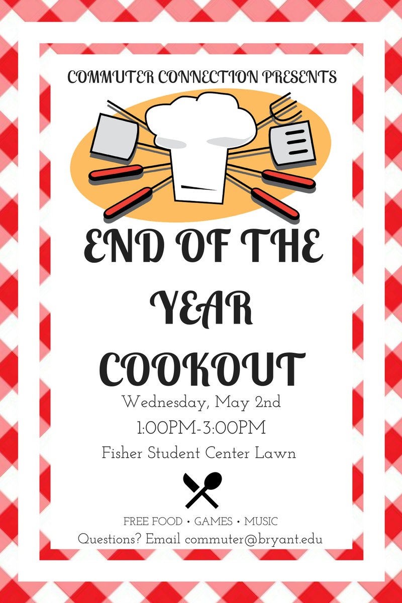 This Wednesday starting at 1:00P.M, the Commuter Connection will be having our annual End of the Year Cookout. This event is free, and everyone is welcome! 🍽️🍴🥄🍔🌭🥩

**Be aware that in the case of bad weather, the event will be held at the FSC fireplace.**