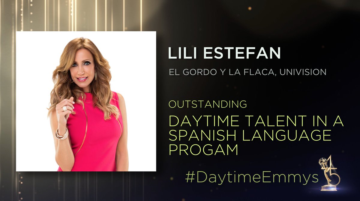 DaytimeEmmys's tweet photo. Congratulations to @LiliEstefan for receiving a #DaytimeEmmy in @Univision's @ElGordoYLaFlaca for Outstanding Talent in a Spanish Language Program! #DaytimeEmmys #ElGordoYLaFlaca  |   Watch LIVE: https://t.co/zw95whWYjo https://t.co/vPQJS1DMqS