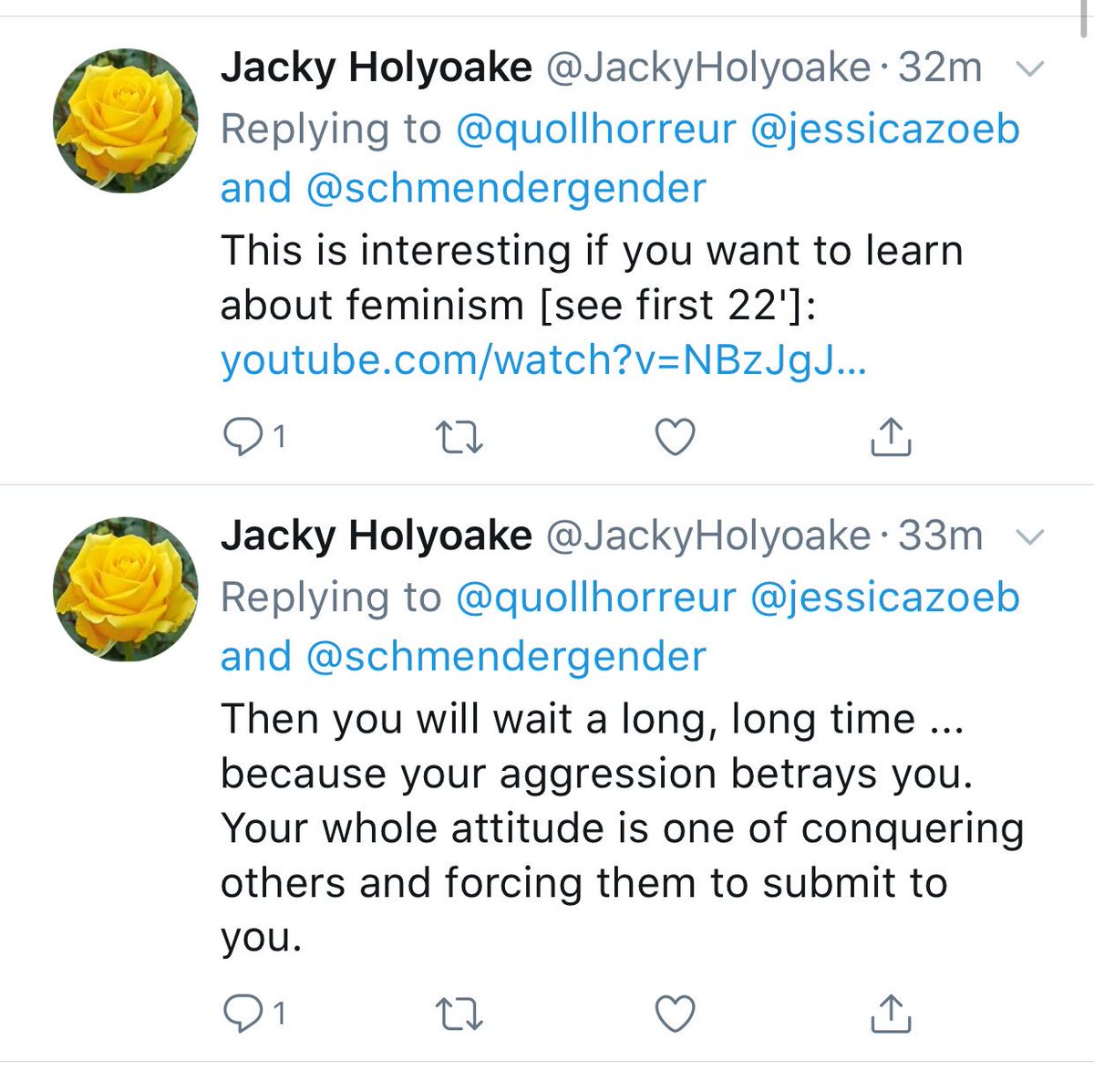 It just continues to get better I think I need popcorn. She’s back to calling me a dude without calling me a dude because “aggression”. But the second one is the pinnacle. Do you think the irony here burns? #TERFgoggles