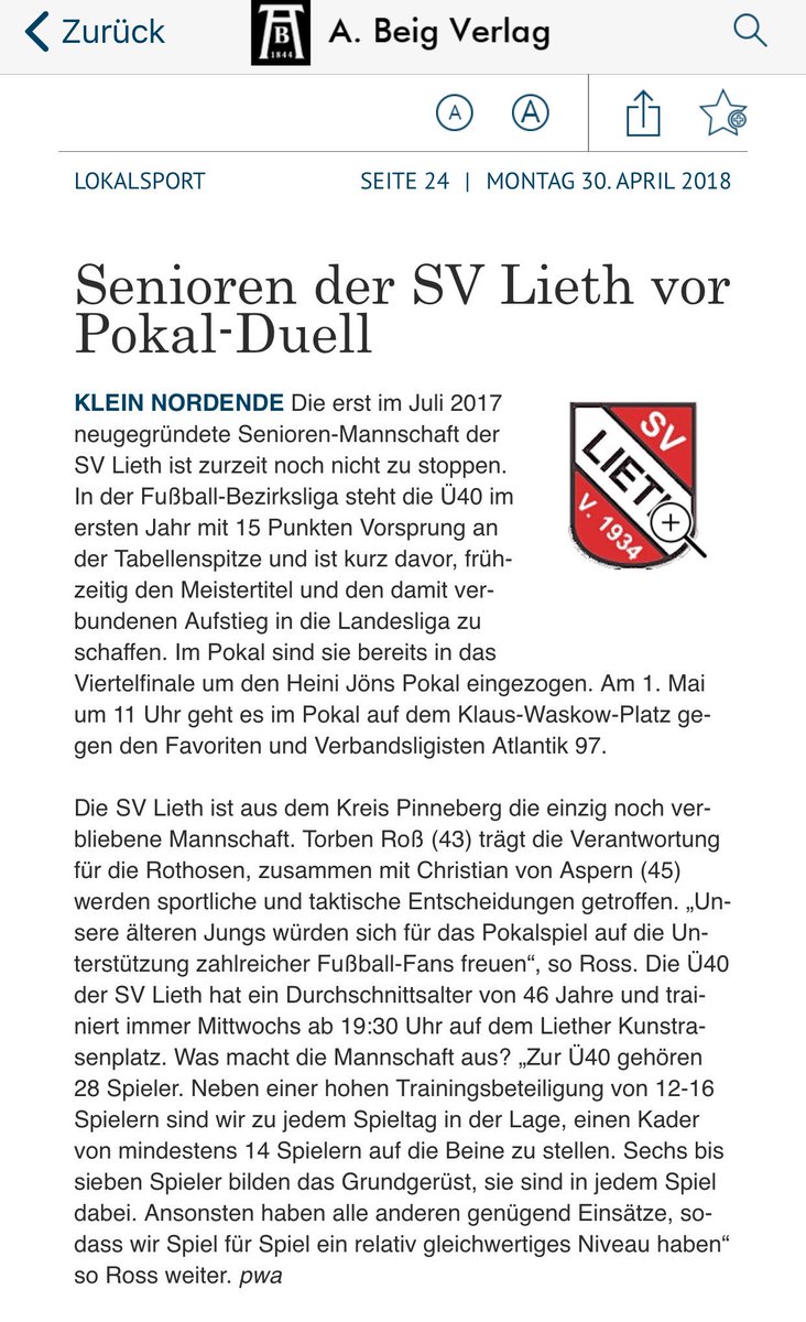 svlieth40's tweet photo. Vorschau auf unser Pokal Viertelfinale am 1. Mai gegen Atlantik 97! Quelle: Elmshorner Nachrichten, 30.4.2018 https://t.co/BpUW9vIlyF