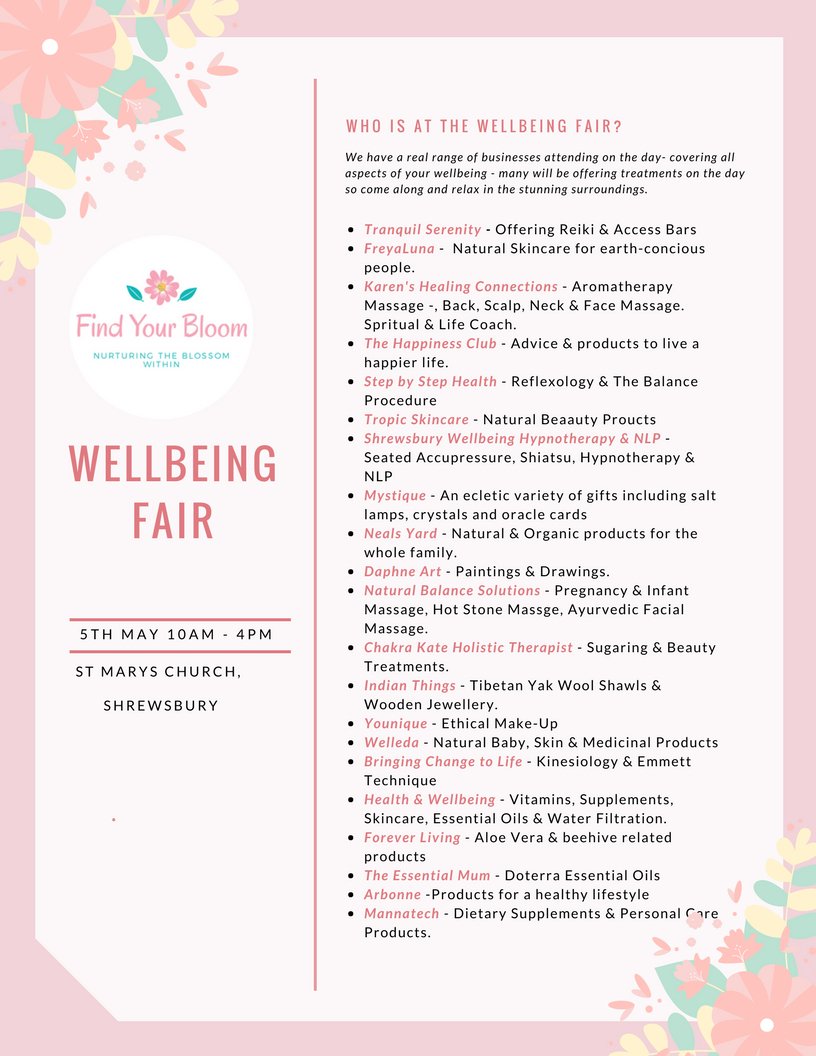 Getting excited about our #Wellbeing Fair next Saturday 5th May in #Shrewsbury some amazing stands to really inspire you! Come and join us entry is free! #whatsonshropshire #loveshrewsbury #whatsonshrewsbury #whatsonwestmidlands