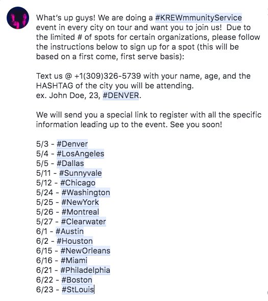 Krewella's tweet photo. What’s up guys! We are doing a #KREWmmunityService event in every city on tour and want you to join us! 

See the second picture below for specific instructions :) See you all soon! https://t.co/7ZKj0tAPjk
