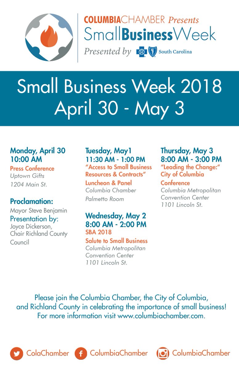 ColaChamber's tweet photo. #SmallBusinessWeek2018 - Join us tomorrow morning at 10 AM for a press conference with @CityofColumbia & @RichlandSC at @UptownOnMain! https://t.co/wZU4Da6oy3