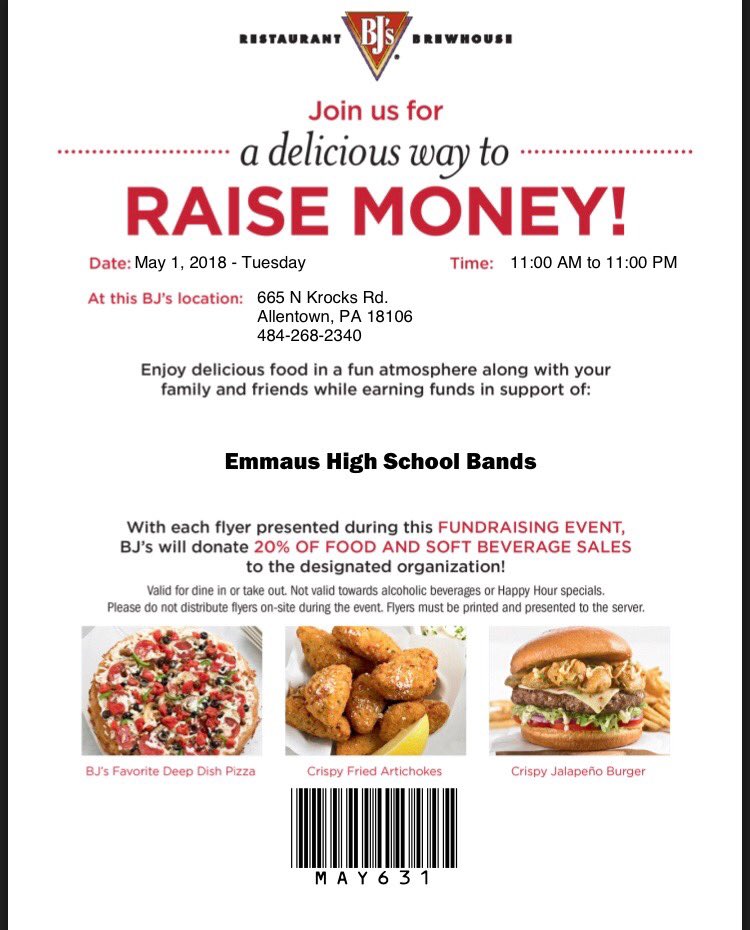 band_ehs's tweet photo. Come join the band at BJ’s Brewhouse on Tuesday May 1st from 11am-11pm!
20% of sales will go to the band! 
Make sure you print out and bring the flyer so the money will go to the band! https://t.co/zbKKbBp8Qw