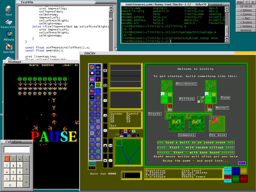 AtheOS http://mobile.osnews.com/printer.php?news_id=322a discontinued free and open source operating system for x86-based computers. It was initially intended as an AmigaOS clone, but that objective was later abandoned. https://en.wikipedia.org/wiki/AtheOS 