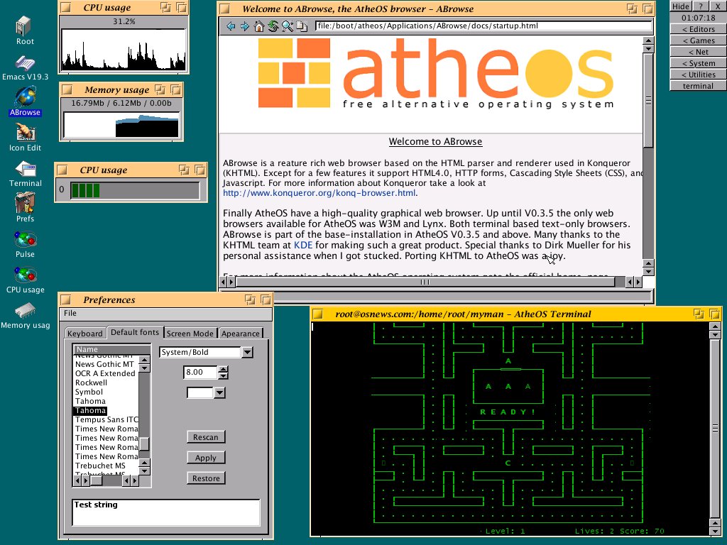 AtheOS http://mobile.osnews.com/printer.php?news_id=322a discontinued free and open source operating system for x86-based computers. It was initially intended as an AmigaOS clone, but that objective was later abandoned. https://en.wikipedia.org/wiki/AtheOS 