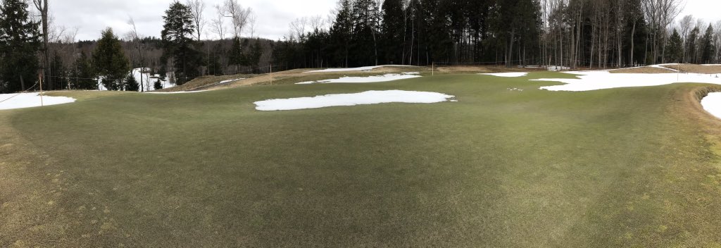 MarquetteGolf's tweet photo. Cooler temps today slowed progress on the meltdown; a dramatic temperature rise starting Sunday will help change that! All of the #PuttingSurfaces exposed look absolutely amazing! https://t.co/2JdIbVU0b9