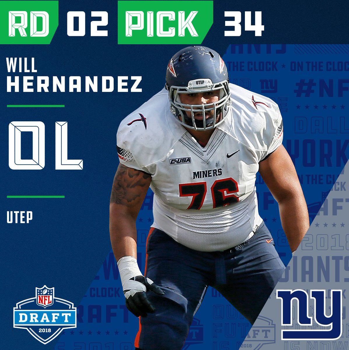 NFL's tweet photo. With the #34 overall pick in the 2018 #NFLDraft, the @Giants select OG @willhernandez76!

📺: NFLN/FOX/ESPN https://t.co/KR4HenLYo2