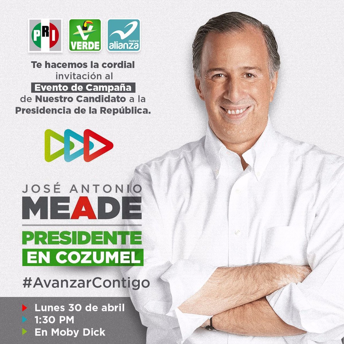 PRIMx_QRoo's tweet photo. Este próximo lunes tendremos la visita de nuestro candidato a Presidente de la República, @JoseAMeadeK, te esperamos en Moby Dick #Cozumel 13:30 hrs, en el Poliforum de #PlayaDelCarmen 16:30 hrs y en la Plaza de Toros #Cancún #BenitoJuárez 19:00 hrs. ¡No faltes! https://t.co/18YrN6MwLp