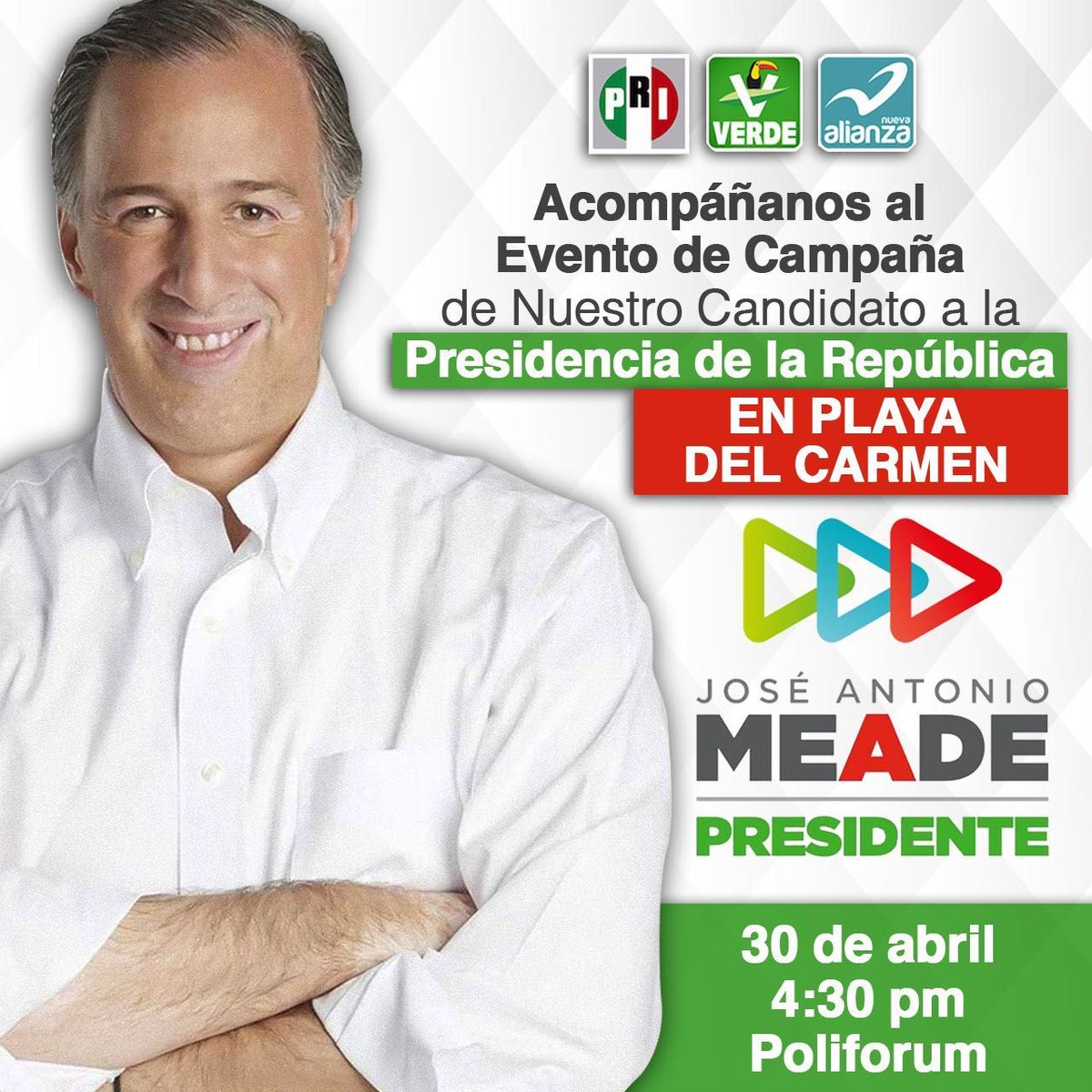 PRIMx_QRoo's tweet photo. Este próximo lunes tendremos la visita de nuestro candidato a Presidente de la República, @JoseAMeadeK, te esperamos en Moby Dick #Cozumel 13:30 hrs, en el Poliforum de #PlayaDelCarmen 16:30 hrs y en la Plaza de Toros #Cancún #BenitoJuárez 19:00 hrs. ¡No faltes! https://t.co/18YrN6MwLp