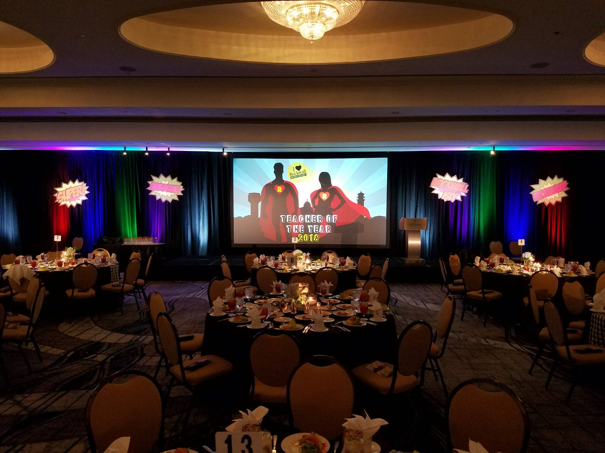 rockwallschools's tweet photo. The stage is set! Tonight we honor our superhero teachers at the Rockwall ISD Teacher of the Year Awards banquet. #ILoveRockwallISD https://t.co/Wy0wnv71fH