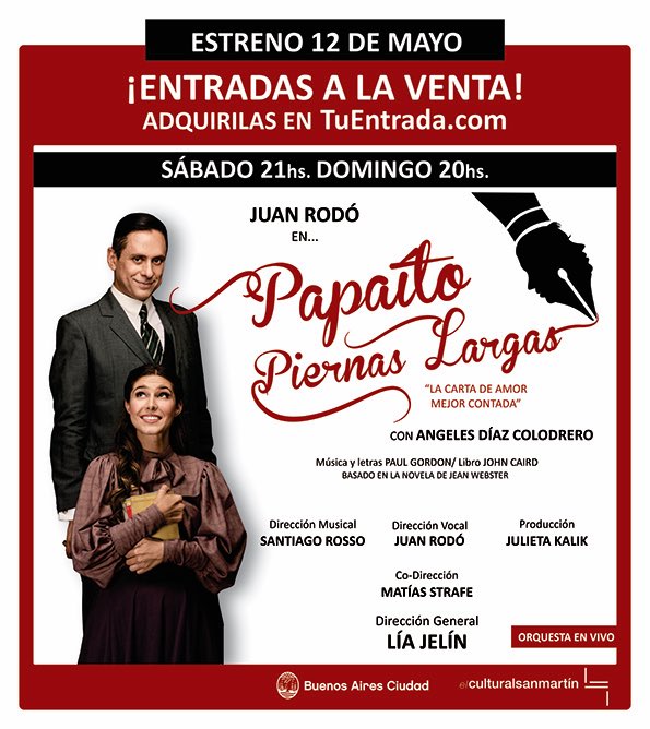 ENTRADAS A LA VENTA!!
No te pierdas esta maravillosa historia de amor!
<a href="/Papaitomusical/">Papaito Piernas Largas, El Musical</a> <a href="/JuanRodoOficial/">Juan Rodo</a> @angiediazcolodrero <a href="/Danaolivieri1/">Dana olivieri</a> @strafematias <a href="/santiagorossook/">Santiago Rosso</a> <a href="/julikalik/">Julieta Kalik</a> <a href="/janinalevin1/">janilevin</a>