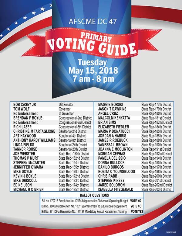 JennOMara4PA's tweet photo. We are only 18 days away from the #PAPrimary. Get your sample ballots! Make your voting plans! Let your voice be heard! 

@afscmeDC47 
#AFSCMEDC47 #1U https://t.co/wNQPv0QQOu