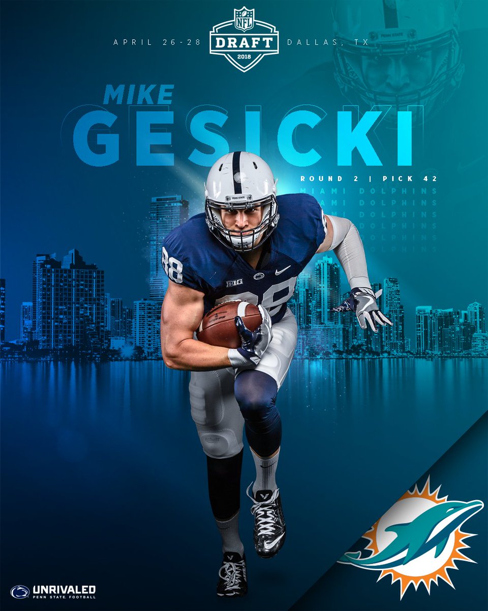 PennStateFball's tweet photo. The @MiamiDolphins select @mikegesicki with the 42nd pick in the second round! #FinsUp 

#NFLDraft
#WeAre https://t.co/b3hnATlhvG