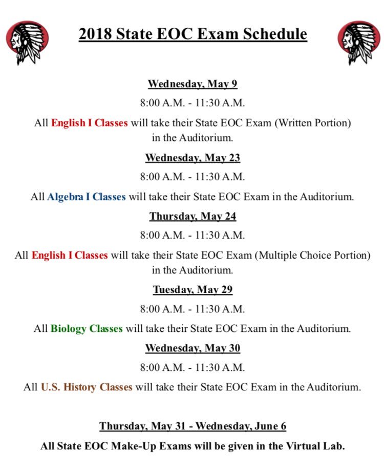 WHSTribeScribe's tweet photo. State EOC exam schedule https://t.co/Iz615sq3ou