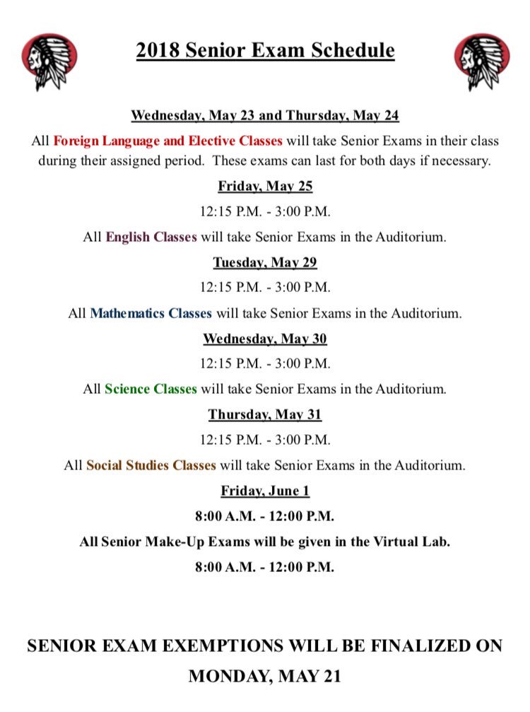 WHSTribeScribe's tweet photo. Attention Seniors: here is your exam schedule. The end is near! It’s almost May! https://t.co/0gs0Yhp0y5