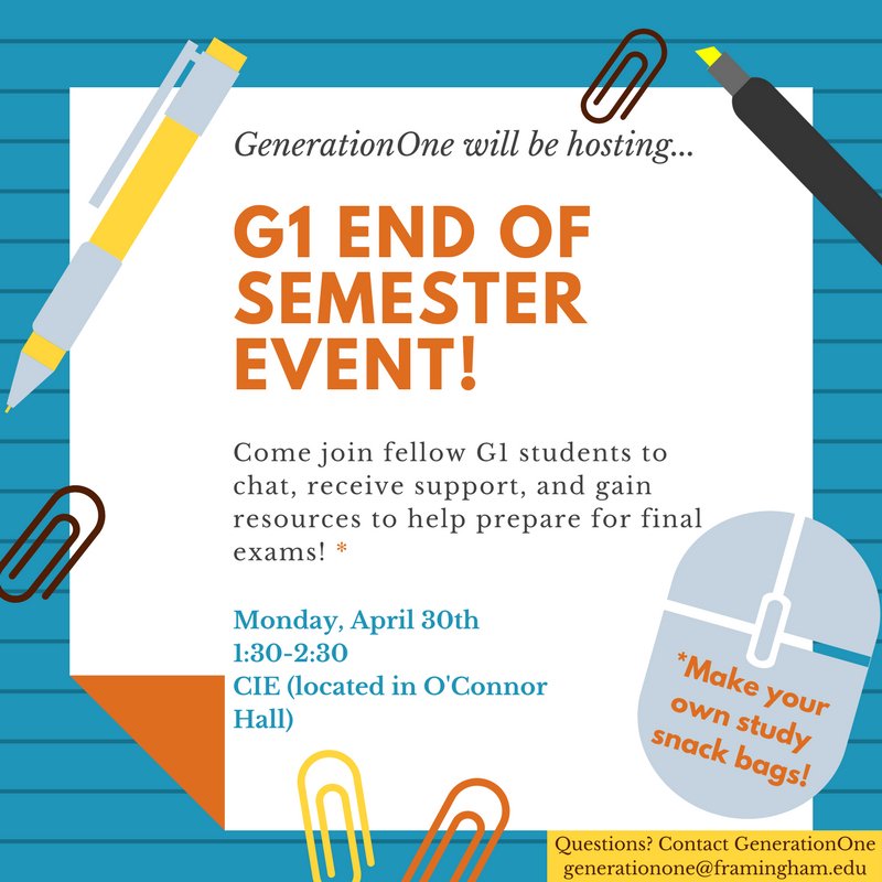 FSU_G1's tweet photo. Attn all G1 students!📢 There will be a G1 End of Semester Event next Monday, 4/30 from 1:30-2:30 in the CIE. There will be resources available for help with studying for finals and make your own study snack bags. Spread the word! #G1Fun #FinalsSzn https://t.co/HrWqt4MNDB