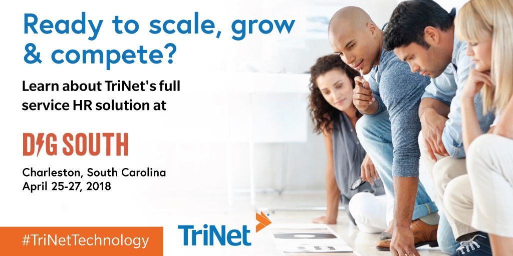 DIG_SOUTH's tweet photo. Do you have questions on how #HR can help you scale for growth? Then stop by #DIGSOUTH sponsor @TriNet booth across from the registration desk. Enter to win a fantastic prize while you’re there! #TriNetTechnology #dig2018 https://t.co/WZujMU7hQG