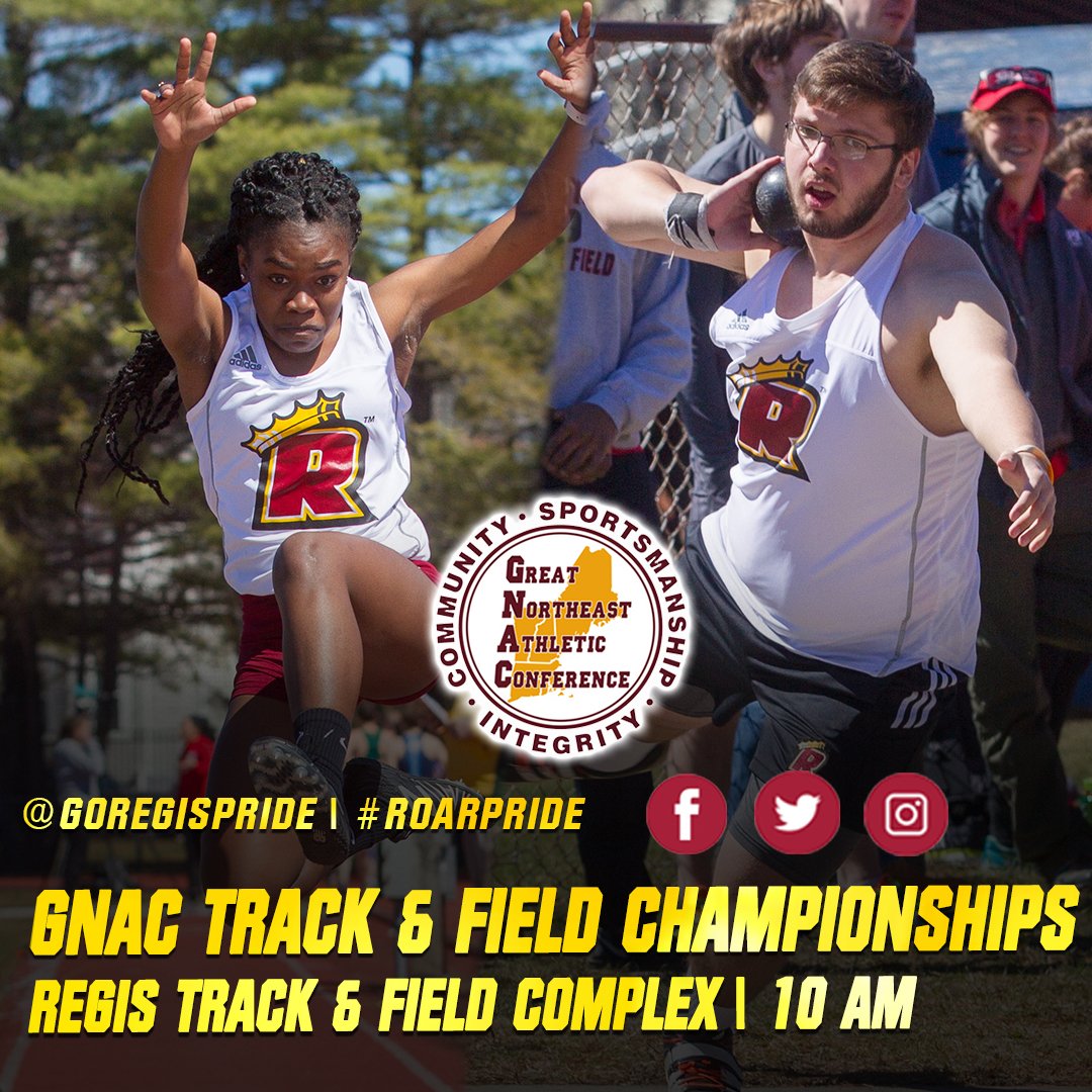 GoRegisPride's tweet photo. GAMEDAY: @RegisTrack_XC hosts the inaugural @TheGNAC Track & Field Championships today at 10am! Good luck to all our throwers and runners! #RegisTF #RoarPride https://t.co/UM78nqBXj5