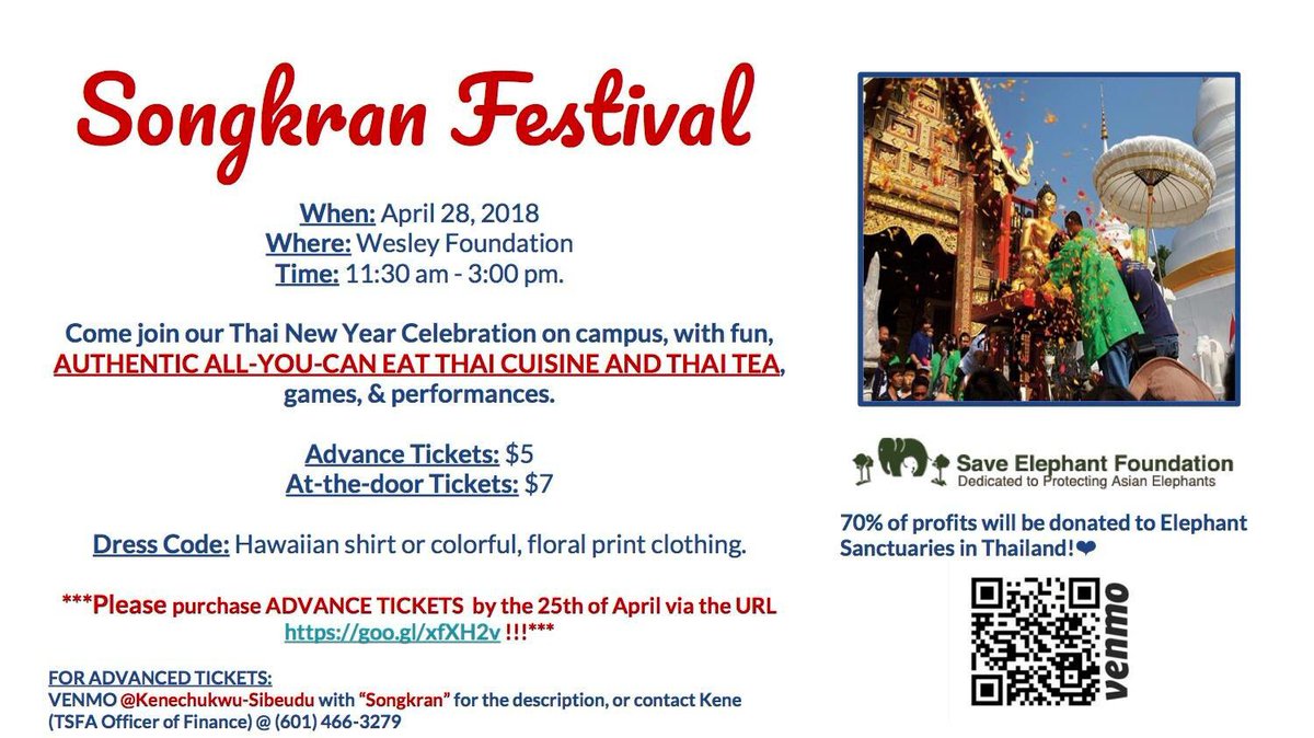 Tomorrow is the Songkran Festival hosted by the USM Thai Students and Friends Association! Food, friends, and fun from 11:30 am - 3:00 pm at the Welsey Foundation!