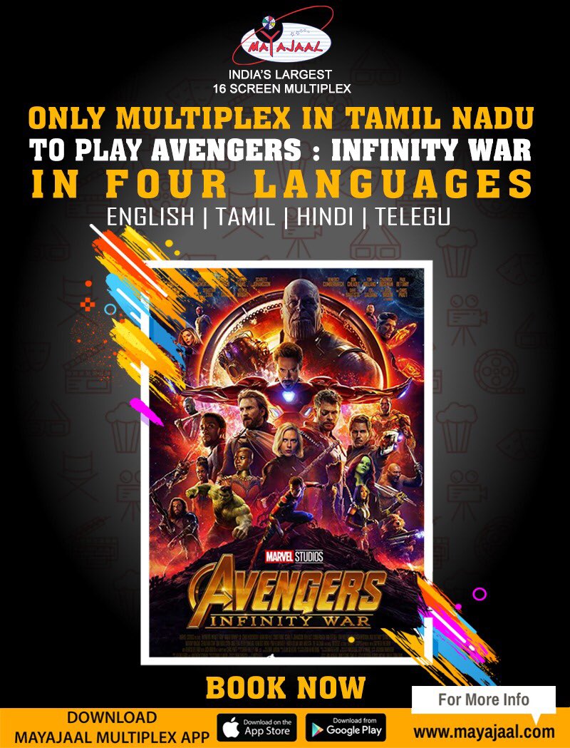 MayajaalECR's tweet photo. #MovieWithSubtitle this weekend - #AvengersInfinintyWar . @mayajaal_ecr #Mayajaal playing this movie in 4 languages- Hindi, English, Tamil & Telugu.
Book Tickets Online: https://t.co/RFQmKj1dVe https://t.co/Zmz1QyuJ3x