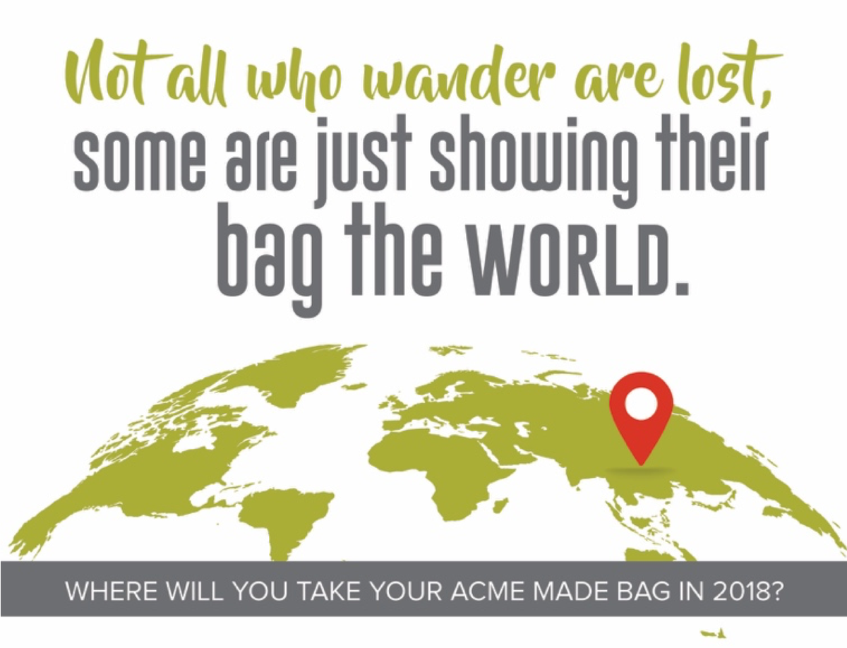 acmemade's tweet photo. Where will you take your #AcmeMade bag in 2018? Tag us in your pictures on Facebook, Twitter, or Instagram and you could win a $250 Amex gift card! https://t.co/k9XryYnfjo https://t.co/eL0kPNcREM