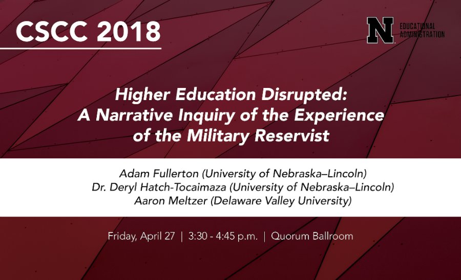 NebraskaEDAD's tweet photo. Graduate student Adam Fullerton and Dr. @derylhatch present "Higher Education Disrupted: A Narrative Inquiry of the Experience of the Military Reservist" with Aaron Metzler of Delaware Valley University.
@CSCCResearch #CSCC18 #UNL #LeadBigRed https://t.co/CRuvY9IzKF