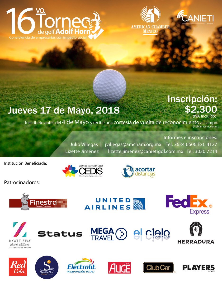 amcham_gdl's tweet photo. 16° Torneo de Golf @amcham_gdl @CanietiGDL  #CopaAdolfHorn #torneodegolf #golf #guadalajara el próximo 17 de Mayo en @elcieloccgolf 

Convivencia de empresarios con impacto social
#LaMejorComunidadDeNegocios https://t.co/pGk6eUd0kP