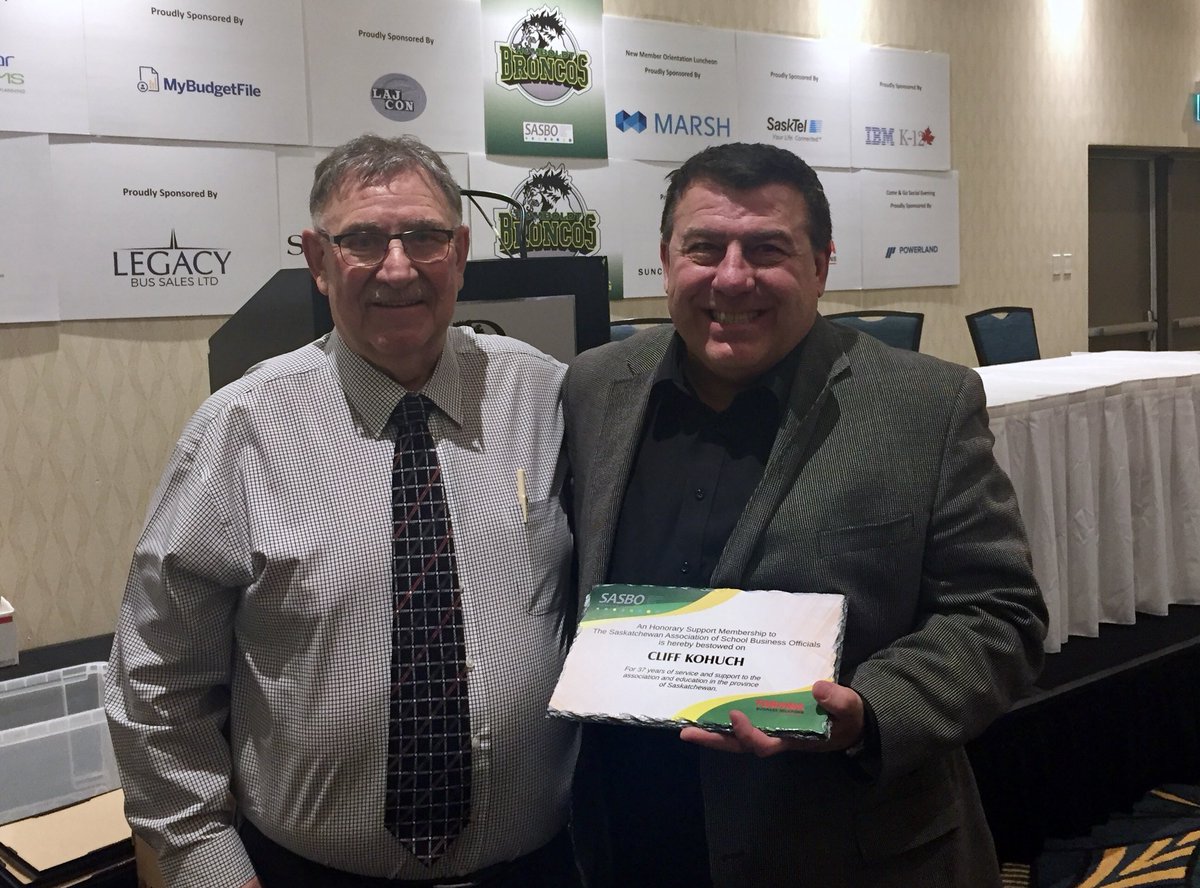 Congratulations to our friends Ray Kerr and Cliff Kohuch (pictured) from <a href="/toshibacanada/">Toshiba Tec Canada Business Solutions Inc.</a> who received an Honourary Support Membership at the annual SASBO Banquet Thursday night. Thank you for your ongoing support of SASBO!