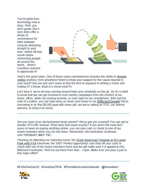 Why, Hello Convenience! Donating is easier now than ever with online payments! Make it count by donating TODAY! #FVAGiveDay18 #GiveDayTB18 #FloridaVoicesforAnimals  givedaytampabay.mightycause.com/story/Vqcglf