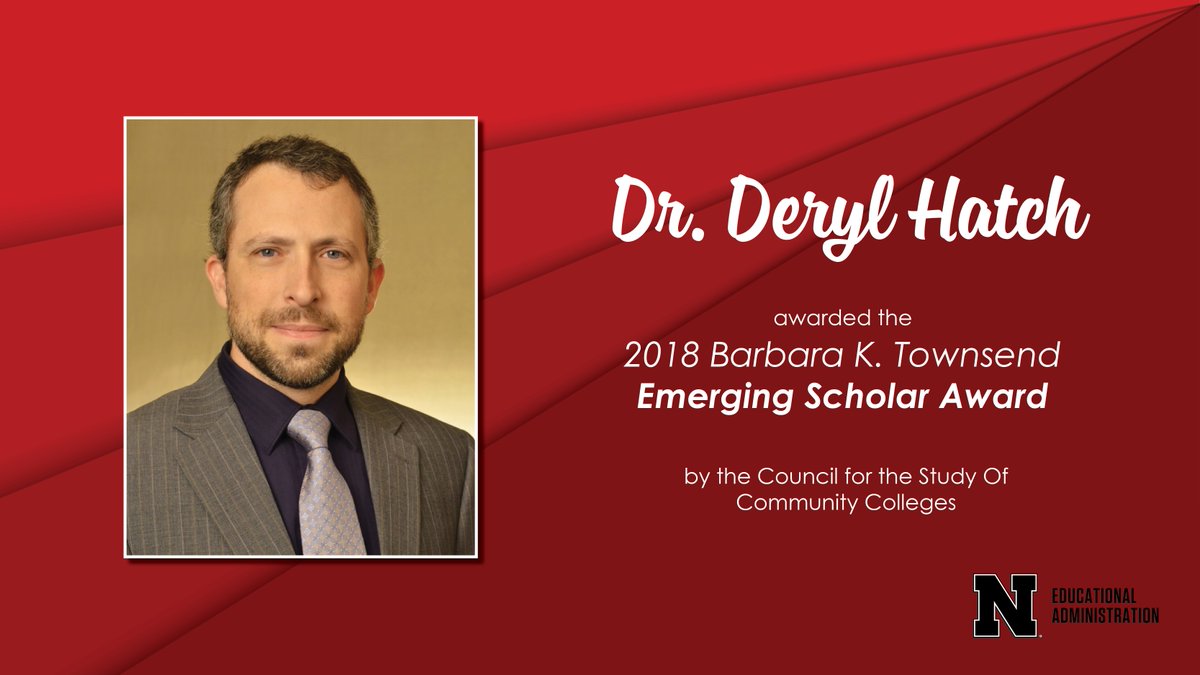 NebraskaEDAD's tweet photo. Now that it is official, join us in congratulating Dr. @derylhatch on receiving the 2018 Barbara K. Townsend Emerging Scholar Award from @CSCCResearch! Congrats on a great recognition and well-deserved honor, Dr. Hatch.
#UNL #LeadBigRed #CSCC18 https://t.co/YFtmg7g9Fv