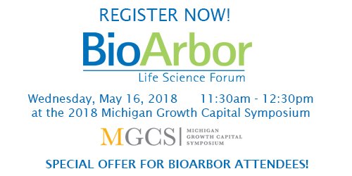 BioArbor's tweet photo. Mark your calendar! The May 16 #BioArbor will be a morning panel at the 37th annual Michigan Growth Capital Symposium - Michigan's premier VC event! Details & registration here: https://t.co/zIFb7GSUOV https://t.co/RLNL0vwHWl