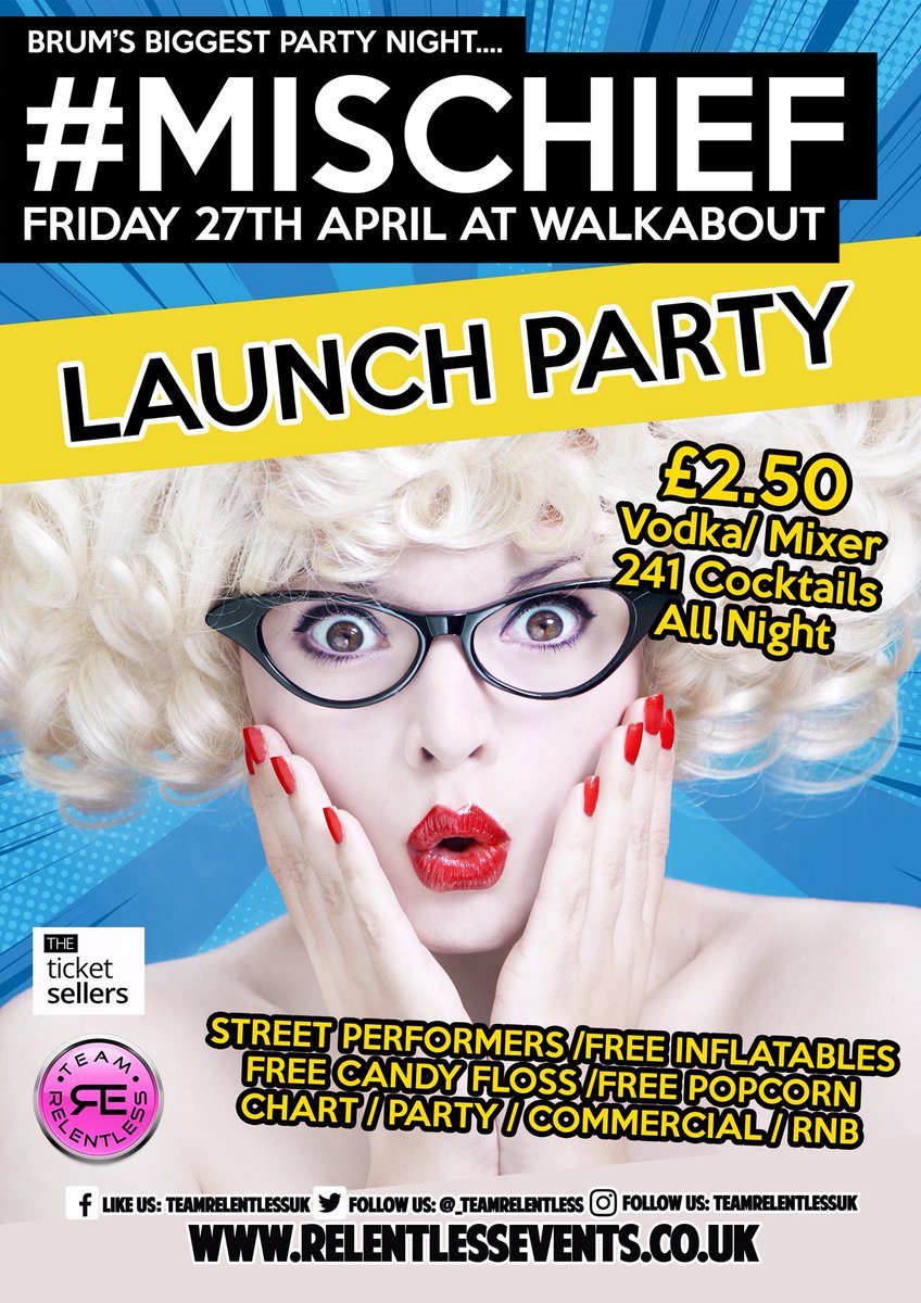 Mischiefbrum's tweet photo. We are all set for our HUGE launch party tonight @WalkaboutBrum with £2.50 vodka/ Mixer All Night, 241 Cocktails, Stilt walkers, the #mischief moose, confetti blasts &amp; FREE Candy floss. #Birmingham #brumisbrill #fridayfeeling #friyay https://t.co/6StiGxamwT