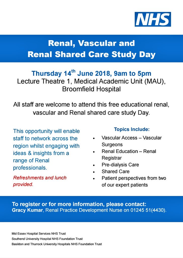 ❣Save the date❣
Broomfield Renal Unit welcome all @broomfieldnhs, @BasildonHosp &amp; @SouthendNHS nurses to a free study day on 14th June. Final agenda to follow. To register contact Gracy 01245 514430 <a href="/broomfieldrenal/">MEHT_Broomfieldrenal</a> <a href="/GracyKumar/">@gracy_kumar</a> @MEHTloveNURSING @DianeSarkar
