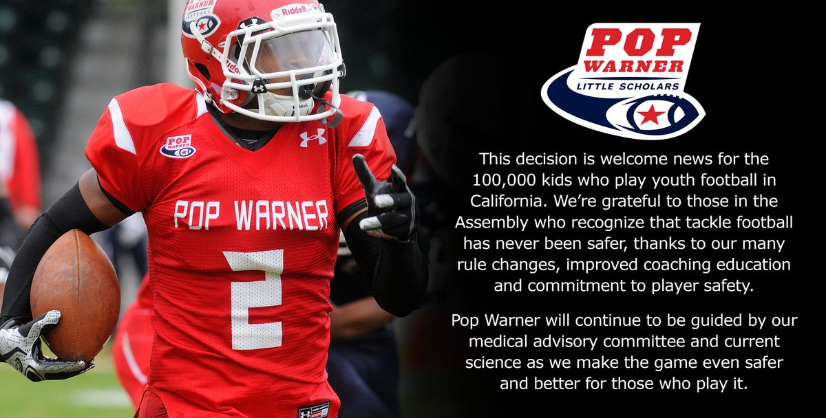 Pop_Warner's tweet photo. Pop Warner Statement on the dismissal of Bill AB2108 regarding Youth Football in California. #PlaySafer https://t.co/eMWYkpqAXA