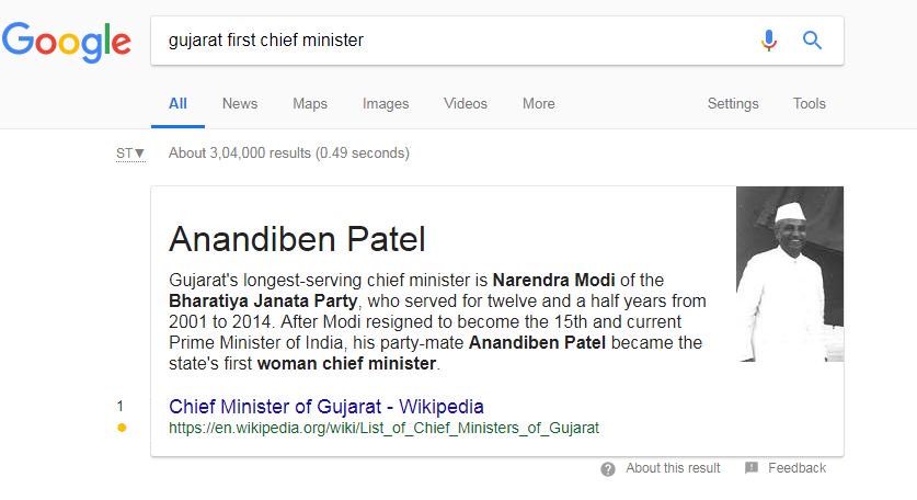 RT - <a href="/jaydippatel21/">j@ydip Dob@riya - ☘ ⓈⓄⒸⒾⒶⓁ</a> 

What is this <a href="/Google/">Google</a> ? I did search on google 👉" Gujarat first chief minister " 👈 then Google ans is  

👉"Anandiben Patel" - name
👉"Jivraj Narayan Mehta" - Images 

 I'm Socking 🧐 are you ?  <a href="/sundarpichai/">Sundar Pichai</a> <a href="/tv9gujarati/">Tv9 Gujarati</a> <a href="/BJP4Gujarat/">BJP Gujarat</a>