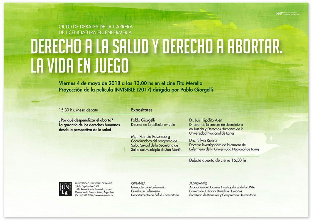 #Agenda El viernes 4 de mayo, se proyectará <a href="/InvisiblePeli/">Invisible</a> de Pablo Giorgelli, en la <a href="/UNLaOficial/">Universidad de Lanús</a>, en el marco de la jornada "Derecho a la Salud y Derecho a Abortar. La vida en juego", organizada por la Carrera de Licenciatura en Enfermería.

¡Los esperamos!