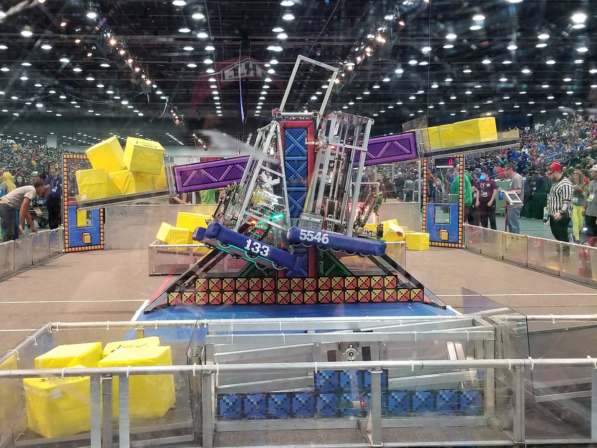 FrcTeam5546ART's tweet photo. A double hang, full vault, and a scale auto last match? I'd call that #success #firstchamp #omgrobots #FRCCarson https://t.co/EnHhukBanw