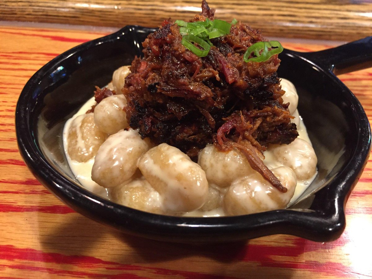 Get in my belly! Fried Gnocchi Mac topped with smoked pulled brisket! #yummy #brisket #macnchessy