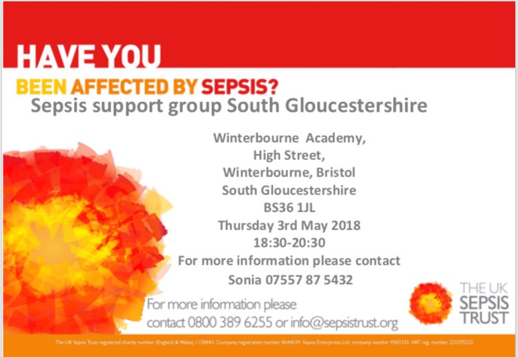 SepsisWarriors's tweet photo. Please do come along & meet us for a very informal chat & a cuppa! Looking forward to seeing some new & old friends next Thurs 3rd May #SepsisSupportGroup within #SouthGlos @NorthBristolNHS area @dr_nigel_lane @Mountain_medica @Vardeep_QI @LMotuel @annielangford3 @armstrongduff https://t.co/5gJoOs0jtE