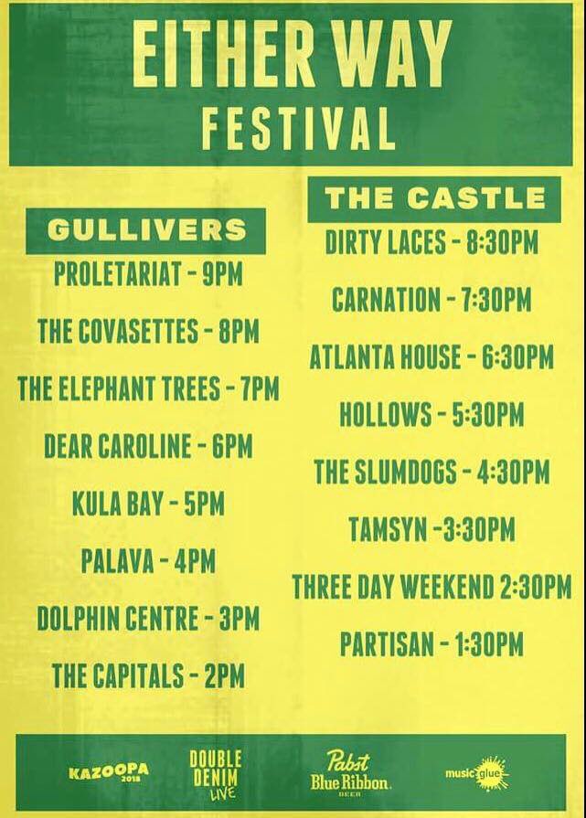 Nearly time people ... wristband exchange opens 12:30 @GulliversNQ some tickets still available musicglue.com/either-way-eve… in association with @PabstBlueRibbon @KazoopaFest @DoubleDenimLive