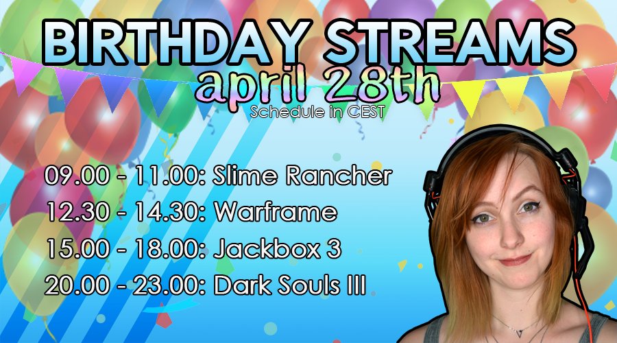 Tomorrow is my 21st birthday! Come and join me in one of these streams (or all four!)

#twitch #twitchstreamer #birthdaystream #twitchbirthday #birthday #gamergirl #girlgamer #silmerancher #warframe #jackbox3 #darksouls3 #21stbirthday #streamer #twitchstream