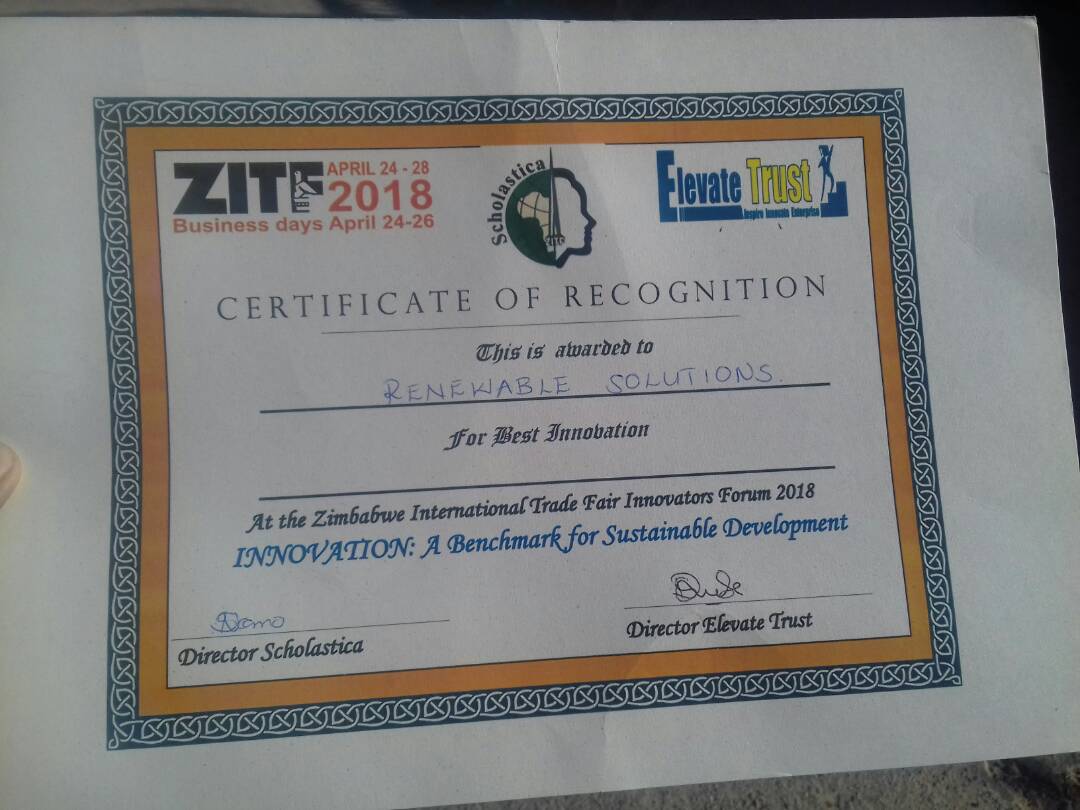 RenewableSolut3's tweet photo. Debutants at the end 2018 ZITF and attaining 1st position 🏆🥇for the Best Innovation under the Scholastica Innovators Competition..

#RenewableSolutionsEnt ♻💚💚 #ElevateTrust #sciencepays #renewalways ♻ #ZimRecycle📱📡 https://t.co/YNf7d3VO3q